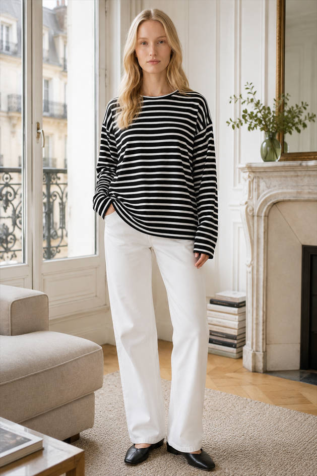 Cotton Striped Crew Neck Long Sleeve Tee