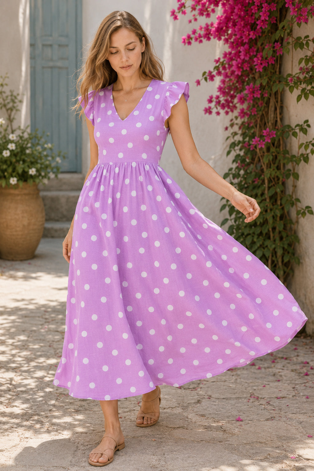 Polka Dot Print V-Neck Short Sleeve Dress