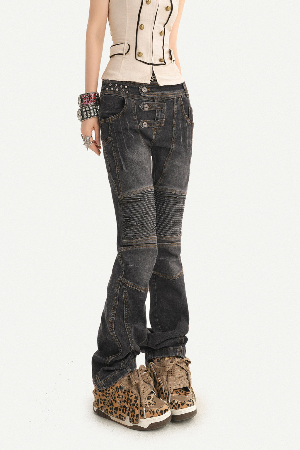 Multi Button Low Rise Straight Leg Jeans