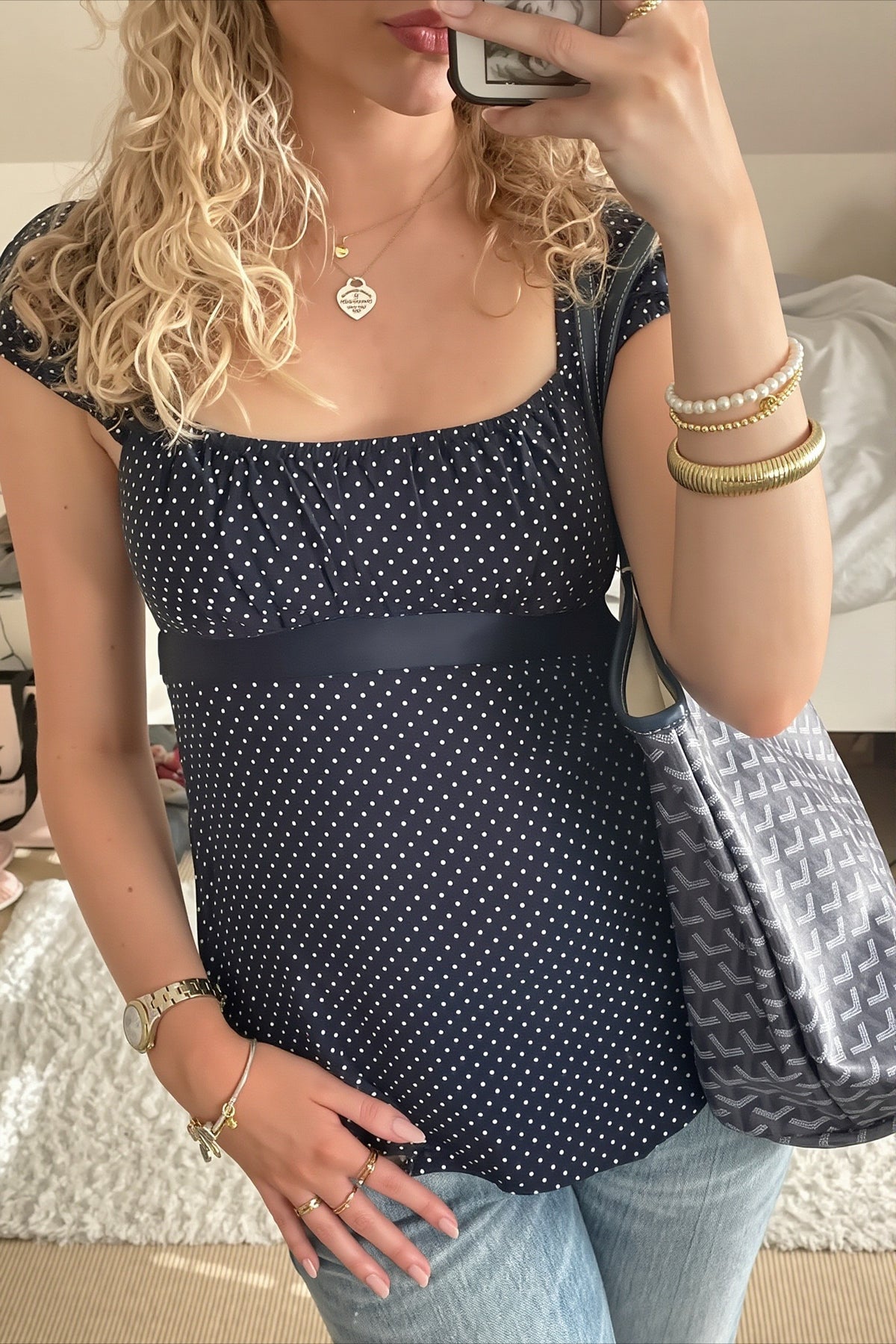 Polka Dot Square Neck Fitted T-Shirt