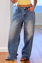 Heart Pocket Washed Loose Fit Wide Leg Jeans