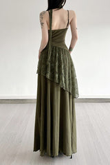 Lace Trim Sheer Waist Tie Cami Maxi Lace Dress