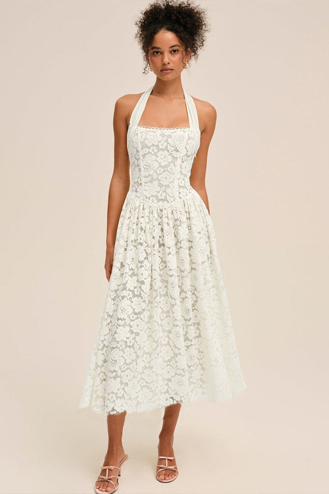 Halter Bandeau Backless Waist Cinched Solid Lace Dress Secondary image