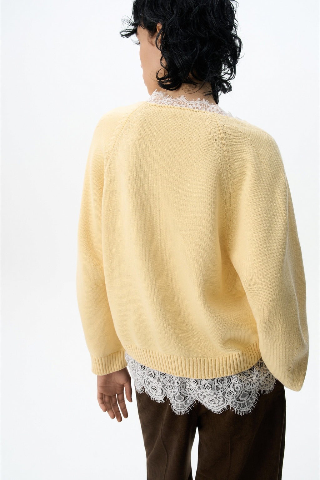 Lace Edge V Neck Relaxed Pullover Sweater