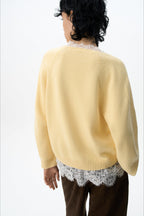 Lace Edge V Neck Relaxed Pullover Sweater