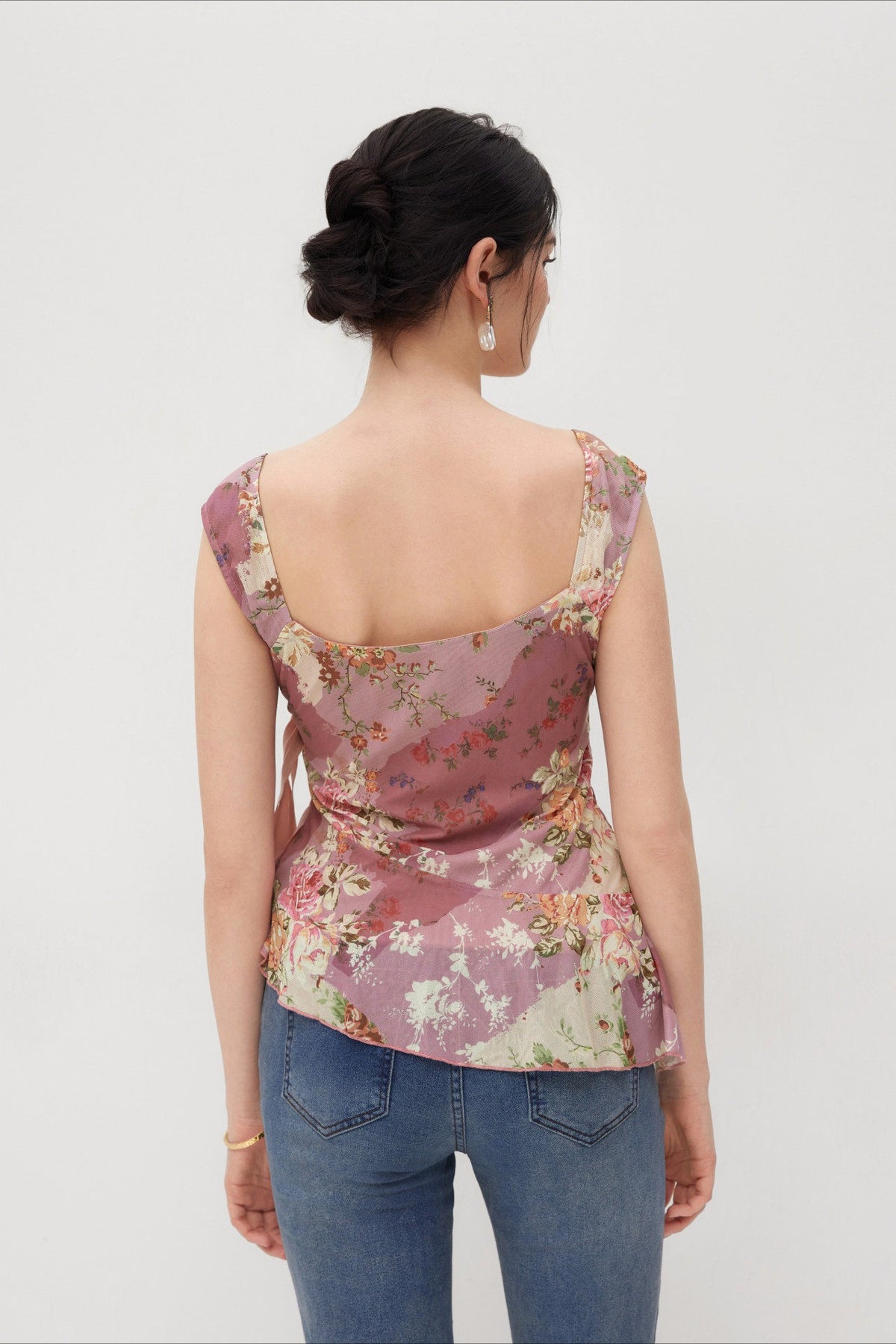 Floral Tie Side Asymmetric Fitted T-Shirt