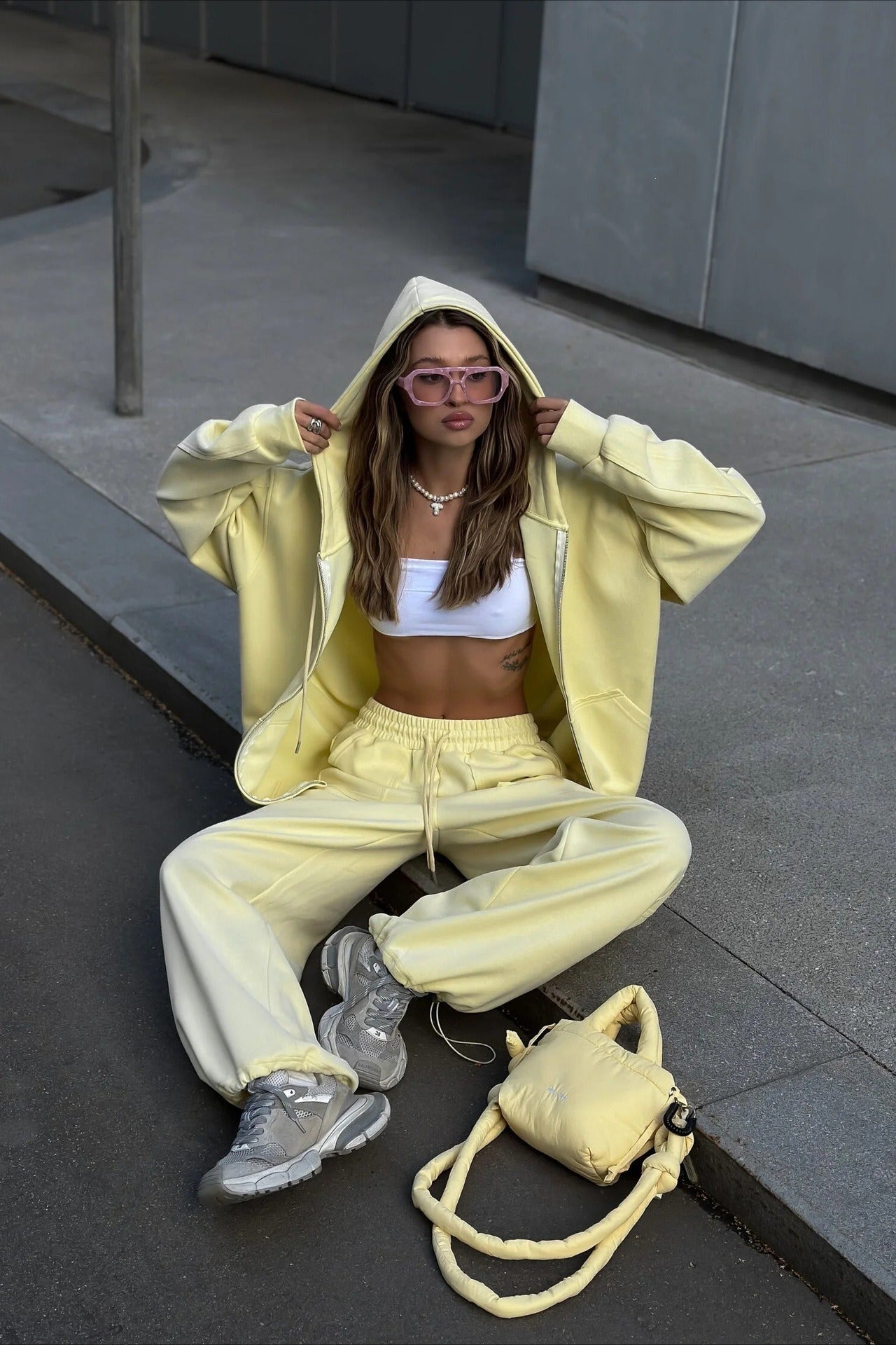 Solid Oversized Zip Front Hoodie Two Piece Set Secondary image