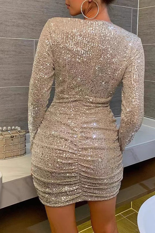 Long Sleeve V-Neck Ruched Sequin  Sequin Dress Secondary image