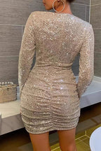 Long Sleeve V-Neck Ruched Sequin  Sequin Dress