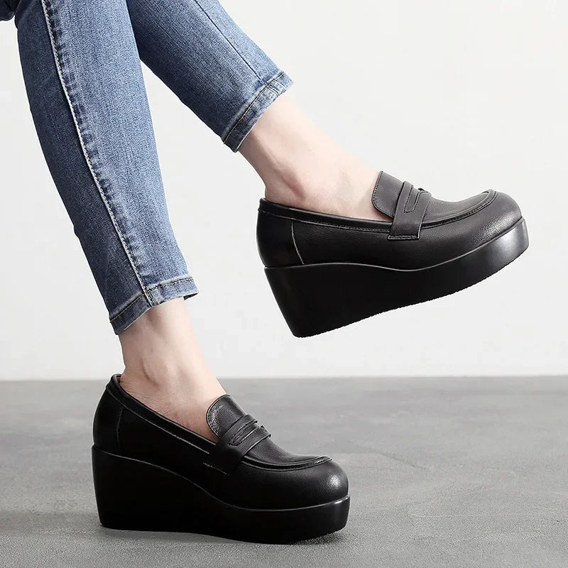 Vintage Leather Platform Wedges Black Genuine Office Fur Med Heels Loafers
