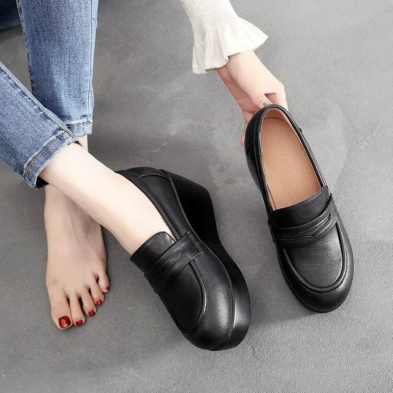 Vintage Leather Platform Wedges Black Genuine Office Fur Med Heels Loafers Secondary image