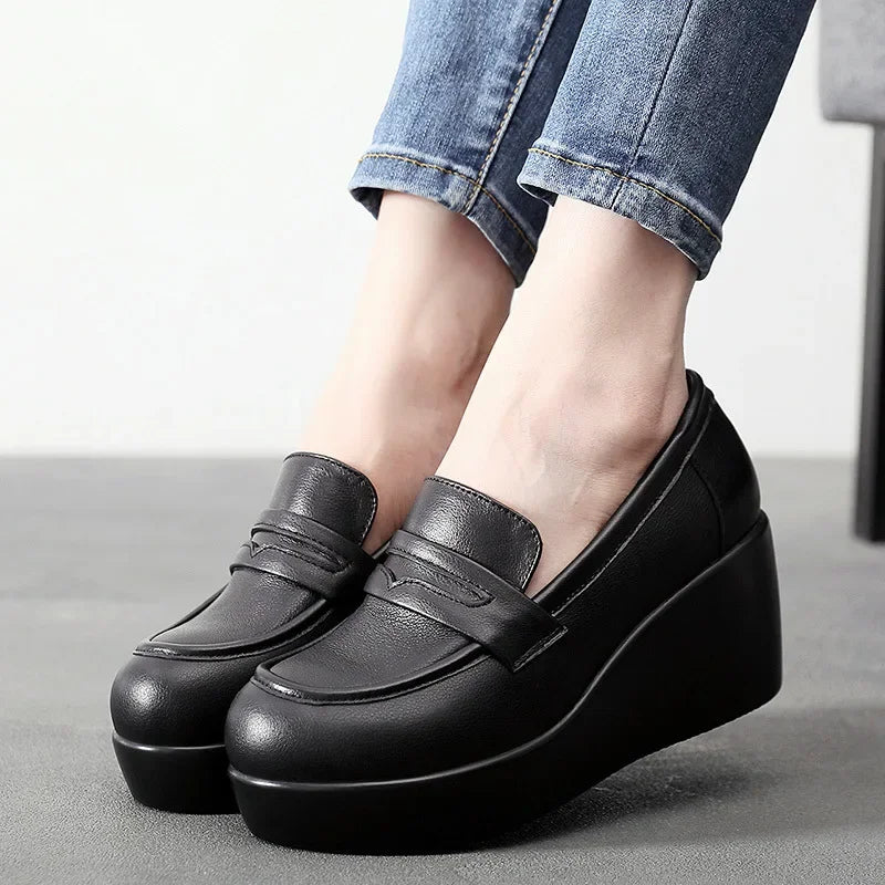 Vintage Leather Platform Wedges Black Genuine Office Fur Med Heels Loafers
