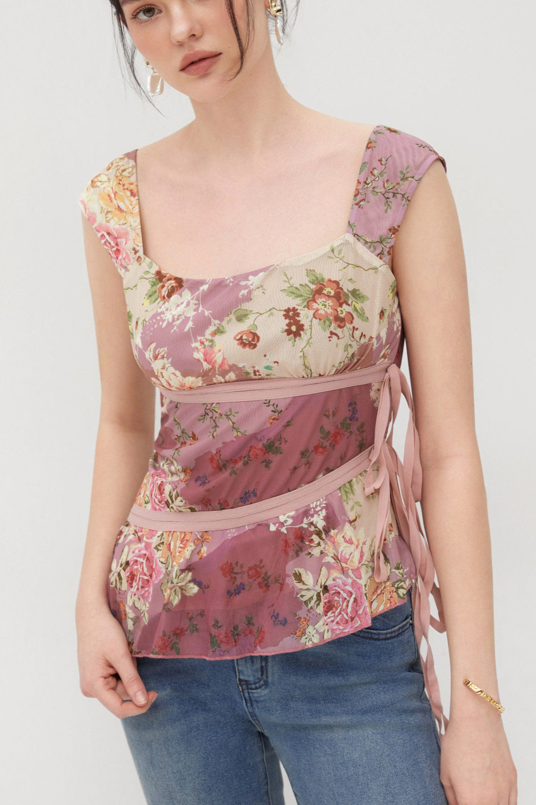 Floral Tie Side Asymmetric Fitted T-Shirt