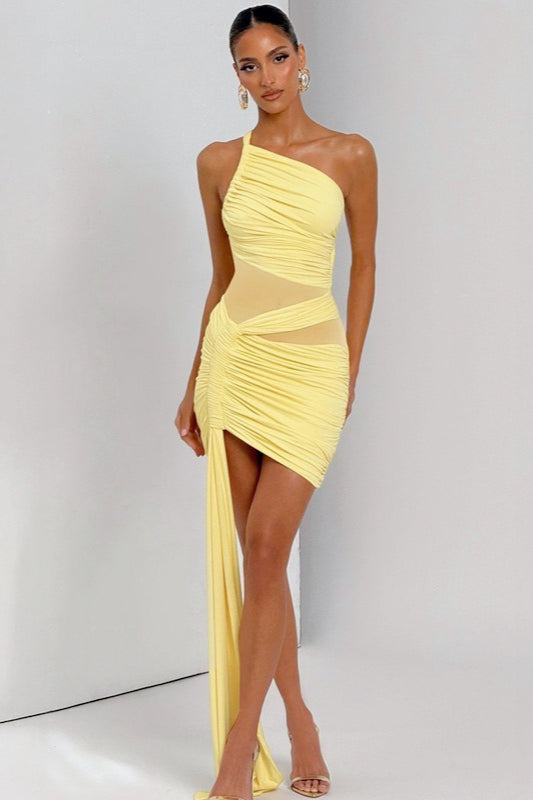 Sheer Mesh One Shoulder Ruched Wrap Dress Main image