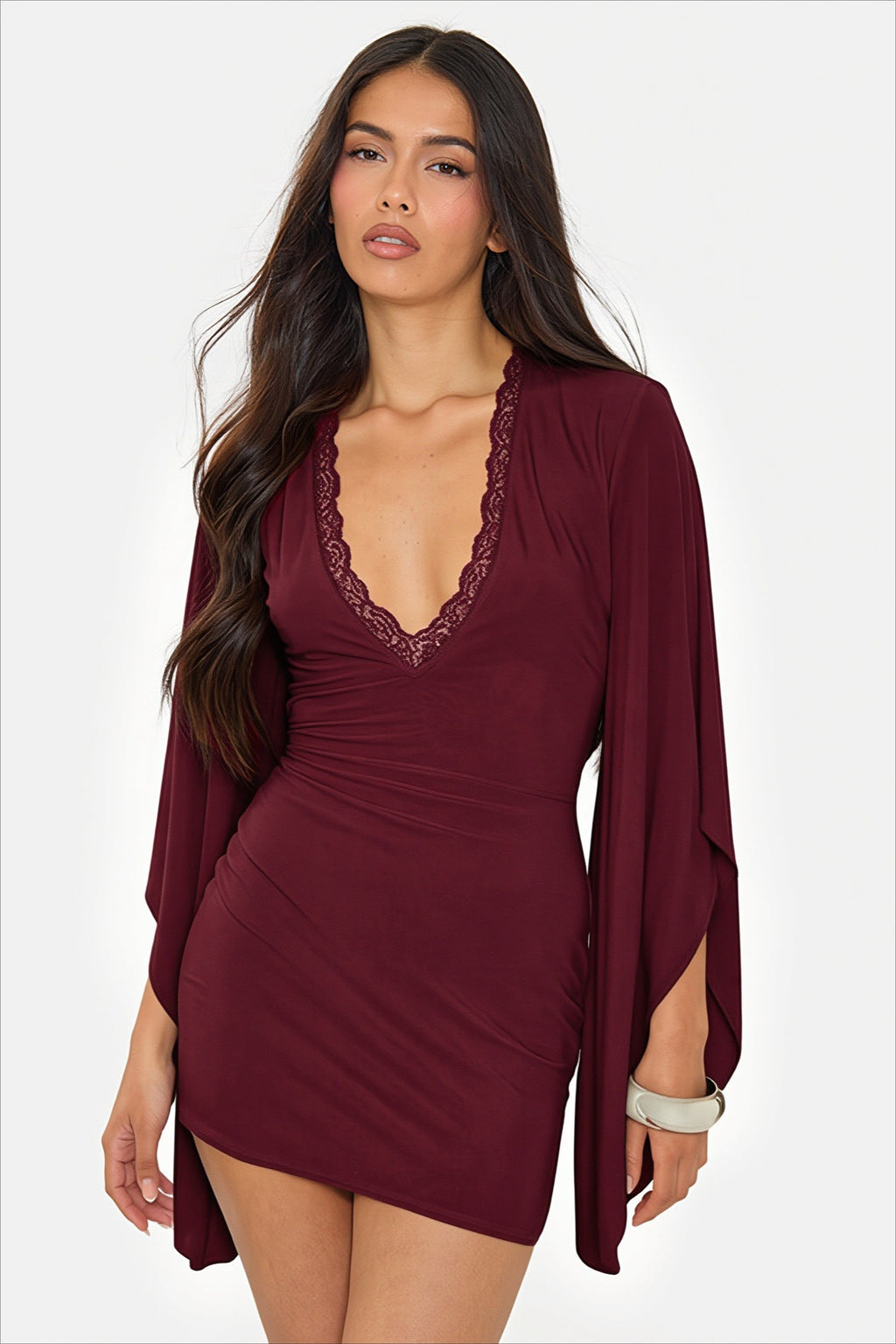Lace Trim Flared Sleeve Fitted Mini Party Dress