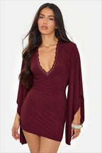 Lace Trim Flared Sleeve Fitted Mini Party Dress