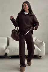 Turtleneck Half Zip Solid Casual Pants Two Piece Set