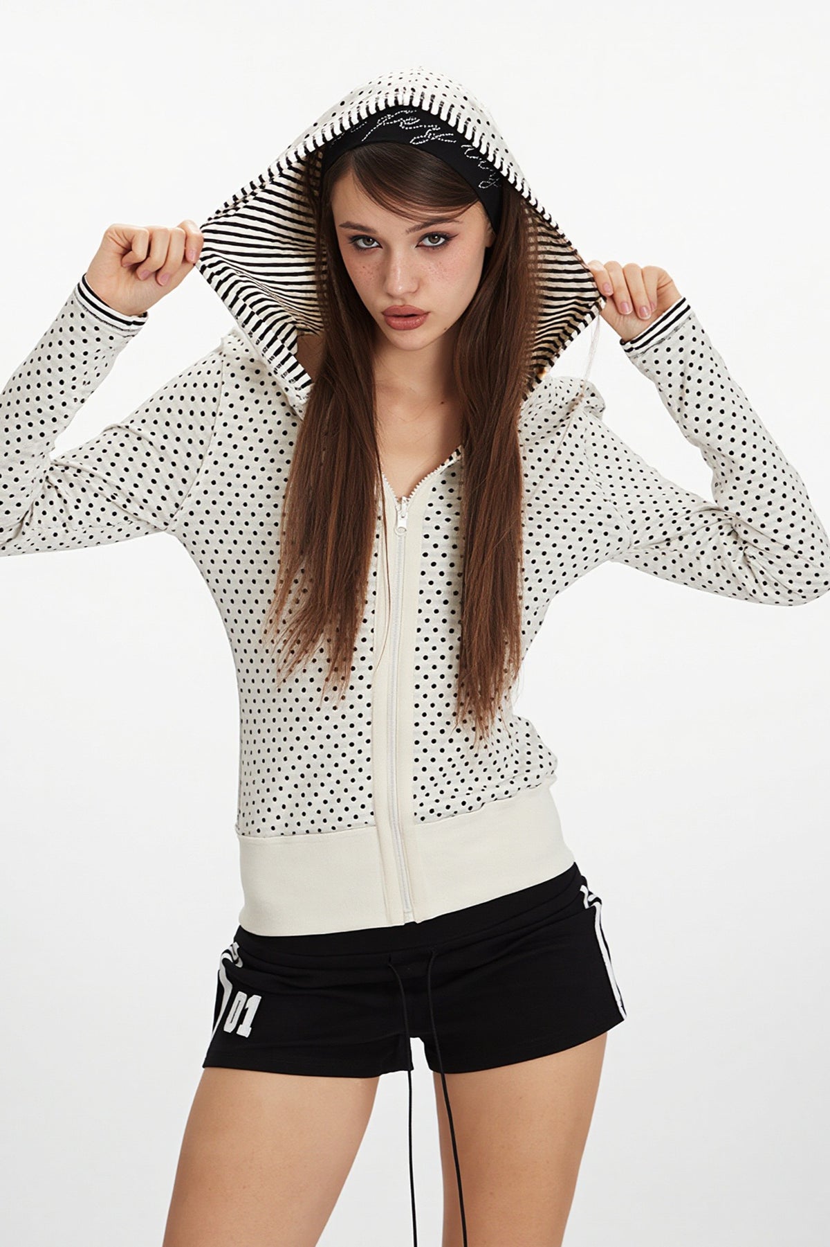Contrast Stripe Reversible Zip Front Cropped Hoodie Main image