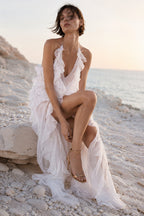 Plunge Mesh Asymmetric Ruffle Trim Long Slip Dress