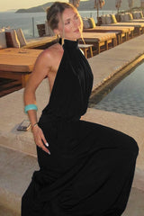 Solid Ruched Halter Backless Slit Formal Dress