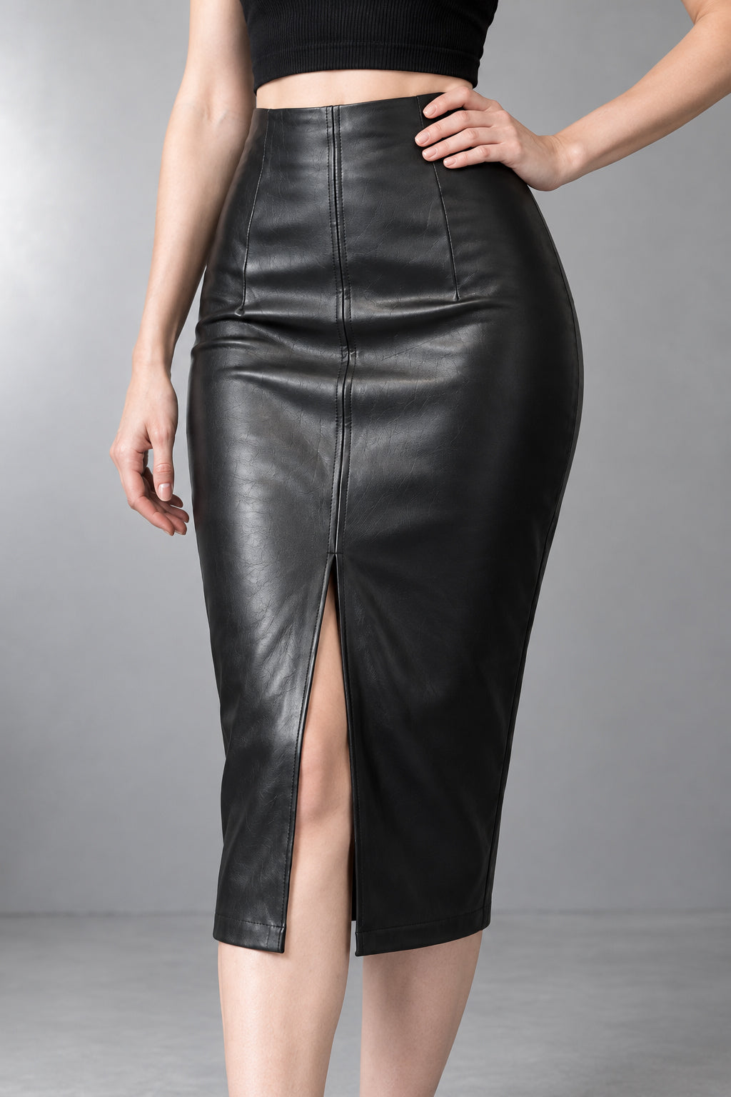 Office Lady Black PU Leather Skirt