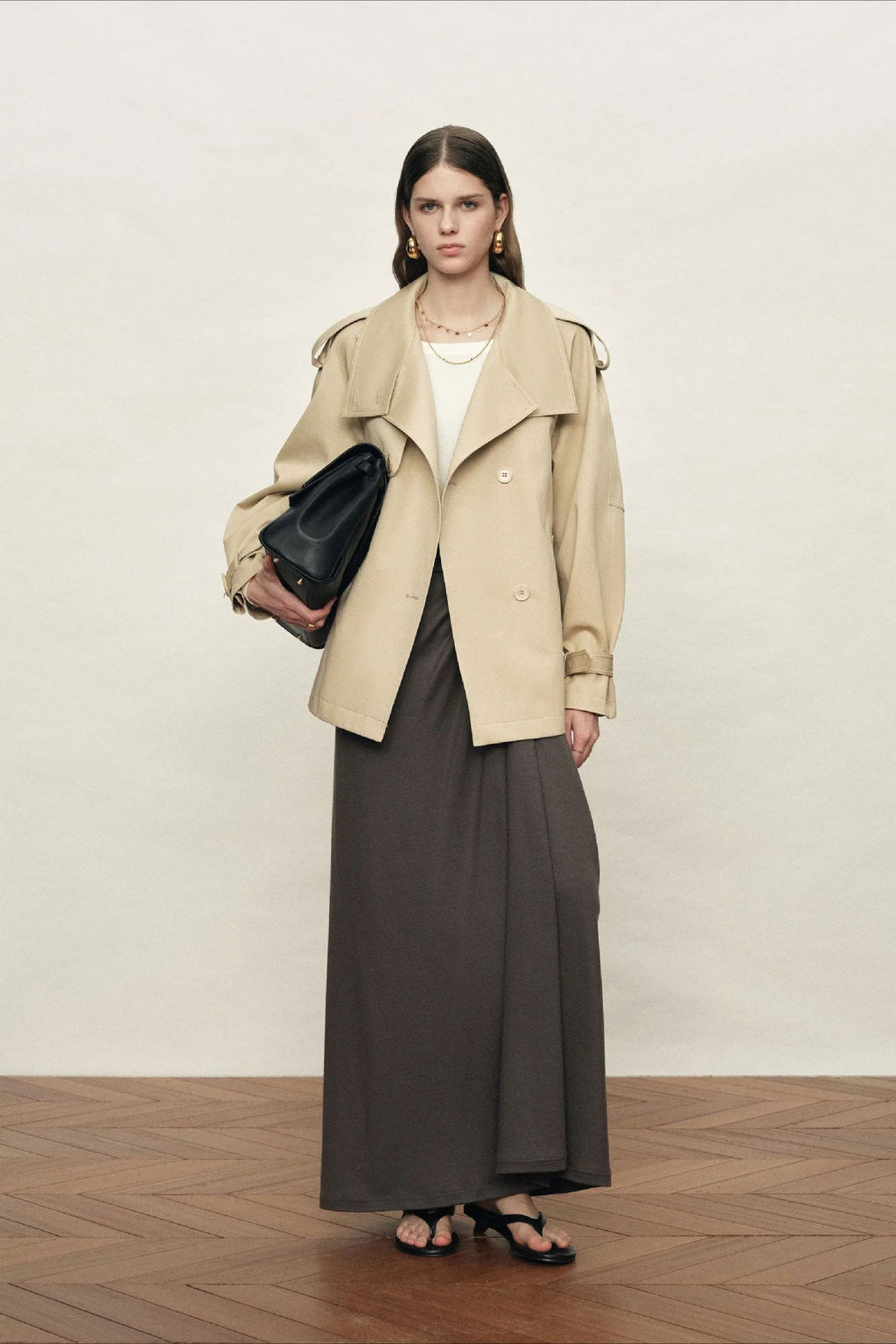 High Collar Storm Flap Belted Short Coat
