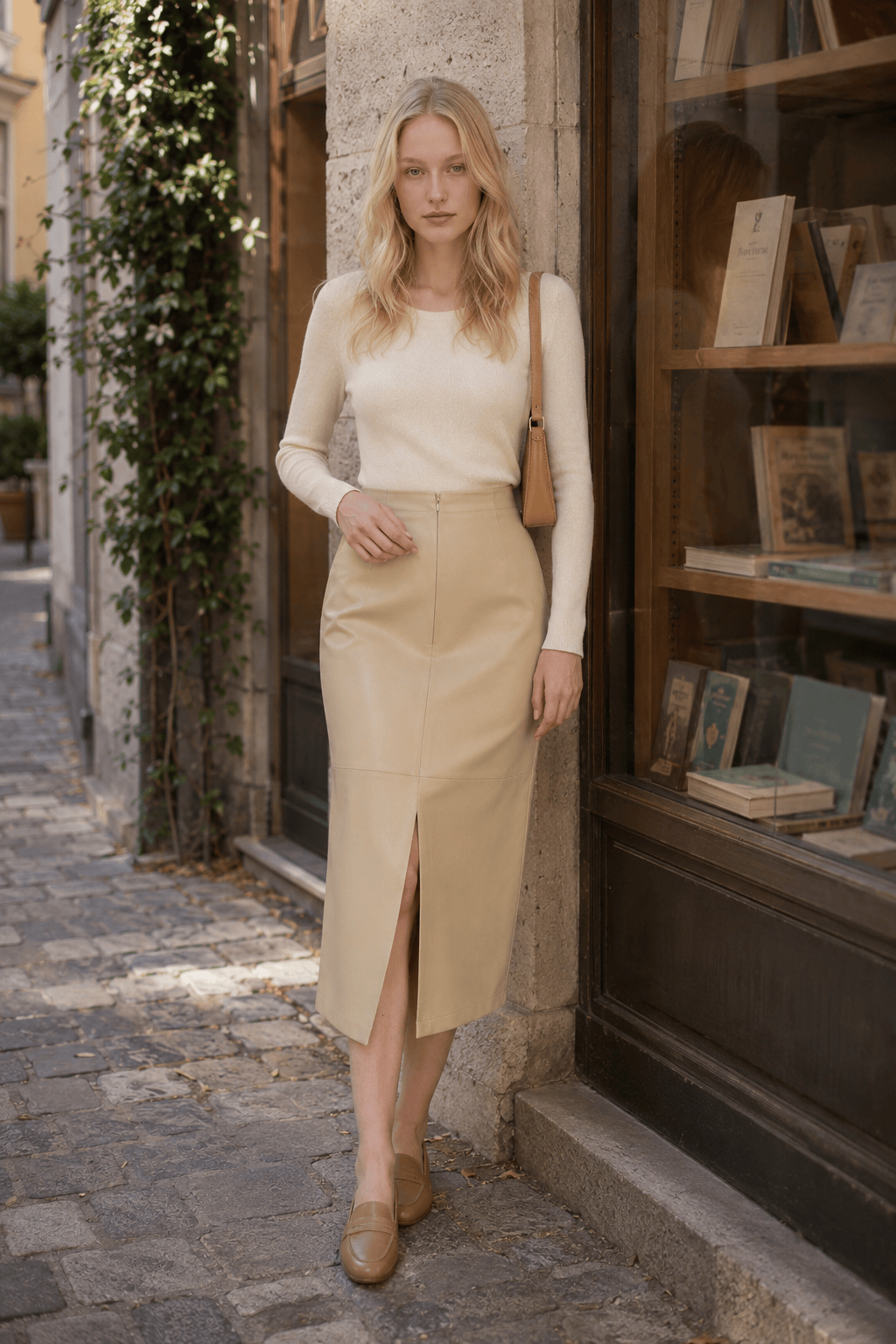 Faux Leather Piping Sit Midi Skirt Main image