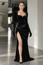 Elegant Evening Gloves Sleeve Velvet Slit Maxi Dress
