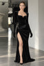 Elegant Evening Gloves Sleeve Velvet Slit Maxi Dress