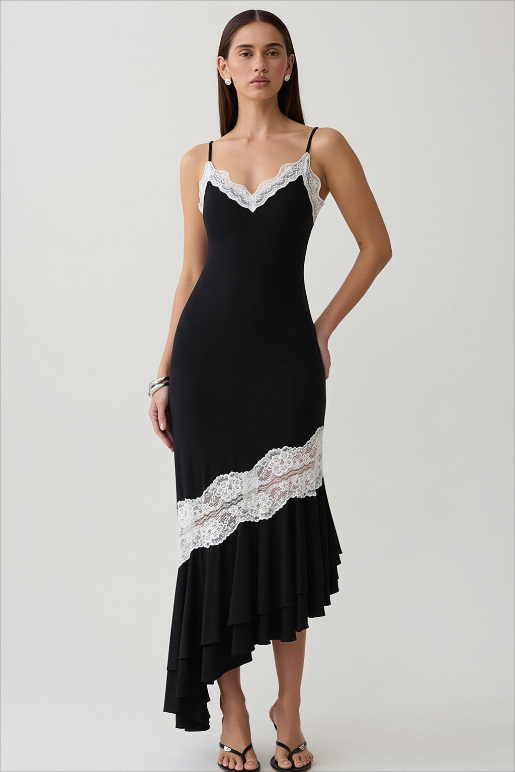 Lace Trim Backless Waist Cinched Mermaid Dress