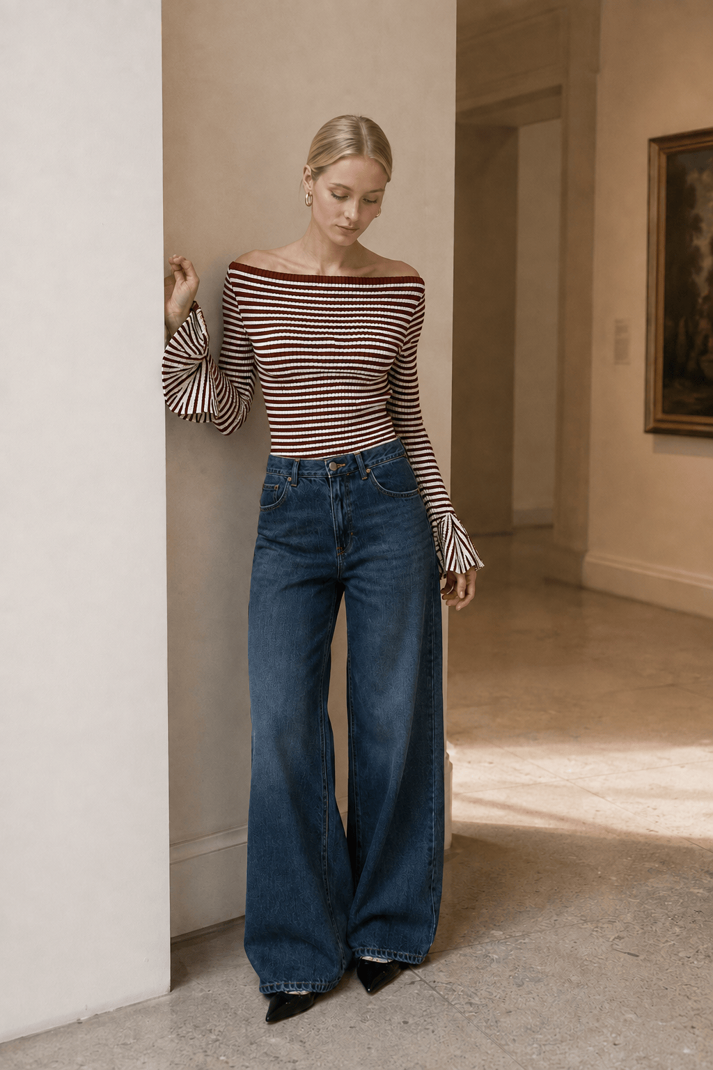 Striped Ruffle-Sleeve Knit Top