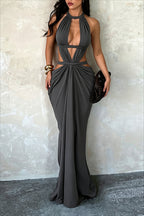 Cutout Halter Ruched Fitted Maxi Party Dress