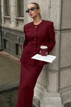Wine Red Tie Waist Two Piece Blazer Skirt Set