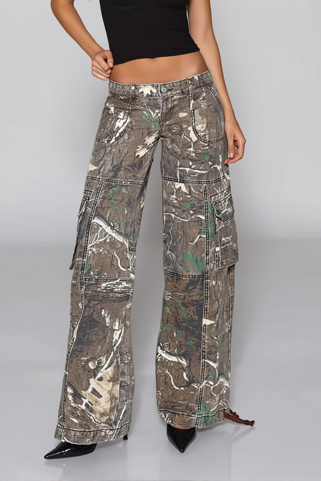 Woodland Camo Wide Leg Cargo Jeans