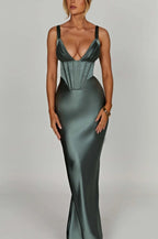 V-Neck Bone Detail Silk Dress
