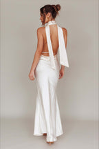 Solid Deep V Halter Backless Fitted Dress