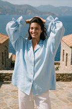 Tie Cuff Oversized Blue Long Sleeve Blouse