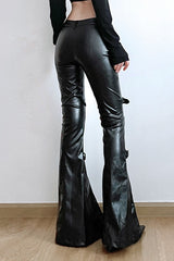 Gothic Eyelet Buckle Lace Panel Leather Flared Low Waist Pants