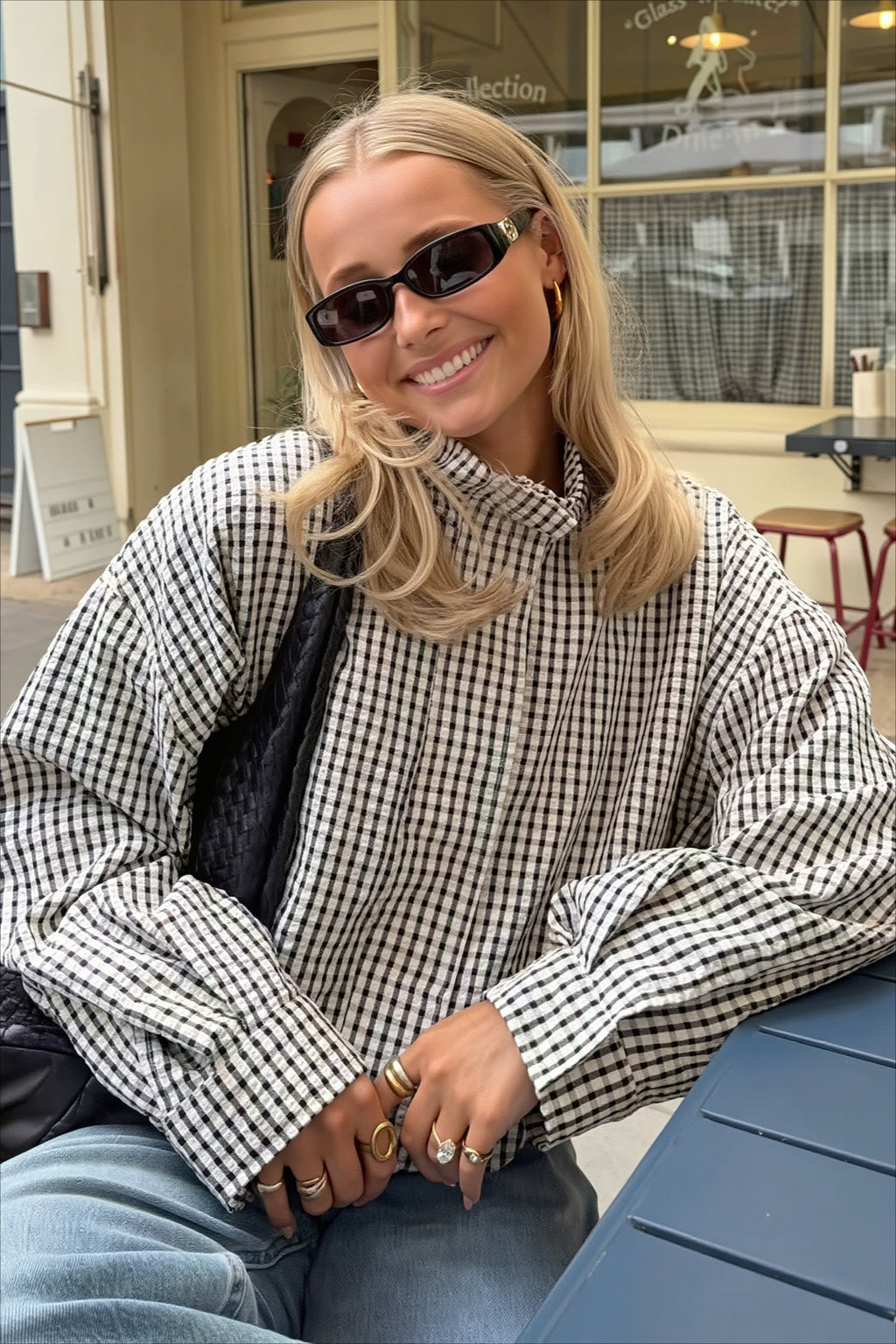 Gingham High Collar Relaxed Zip Jacket