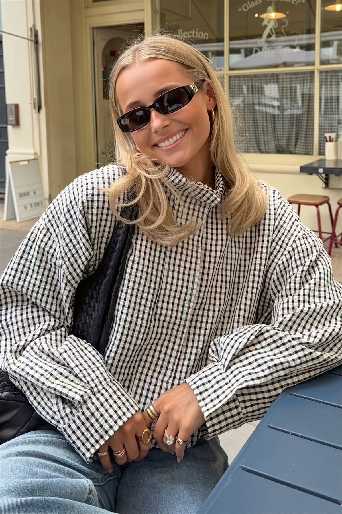 Gingham High Collar Relaxed Zip Jacket