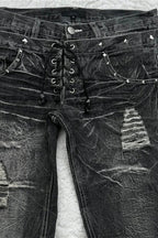 Lace Up Double Waist Distressed Jeans