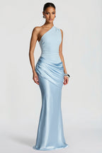 One Shoulder Satin Ruched Maxi Party Dress