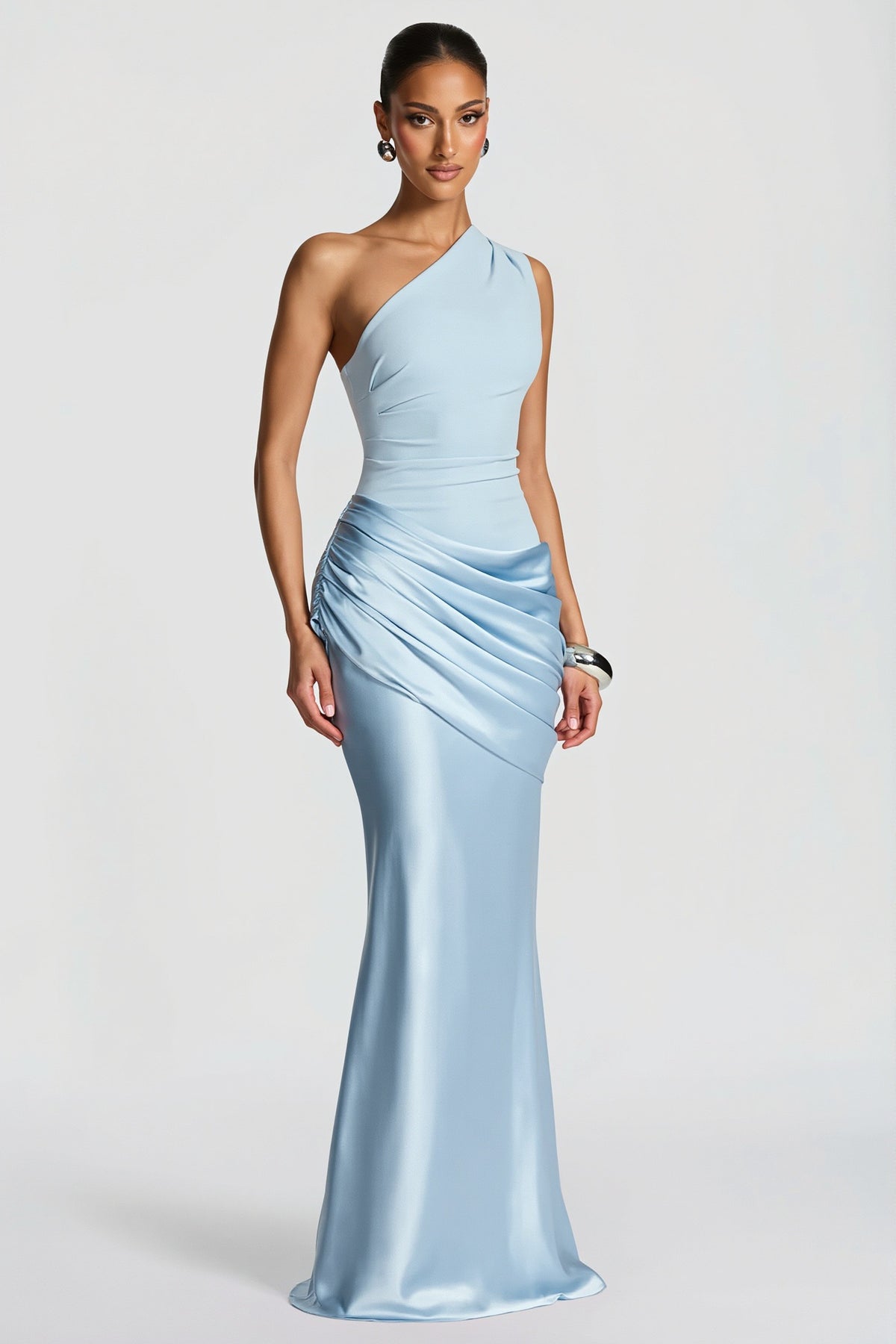 One Shoulder Satin Ruched Maxi Party Dress
