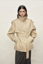 High Collar Storm Flap Belted Short Coat
