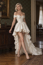 Satin Off Shoulder High Low Reception Dress