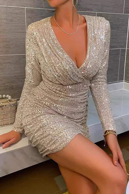 Long Sleeve V-Neck Ruched Sequin  Sequin Dress Main image