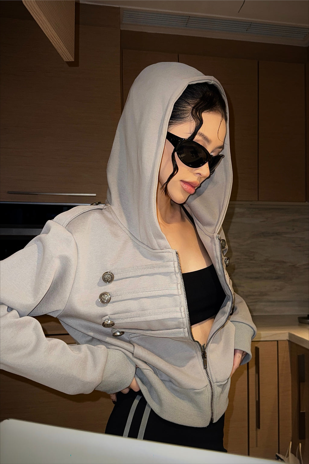 Button Trim Pocket Front Zip Hoodie