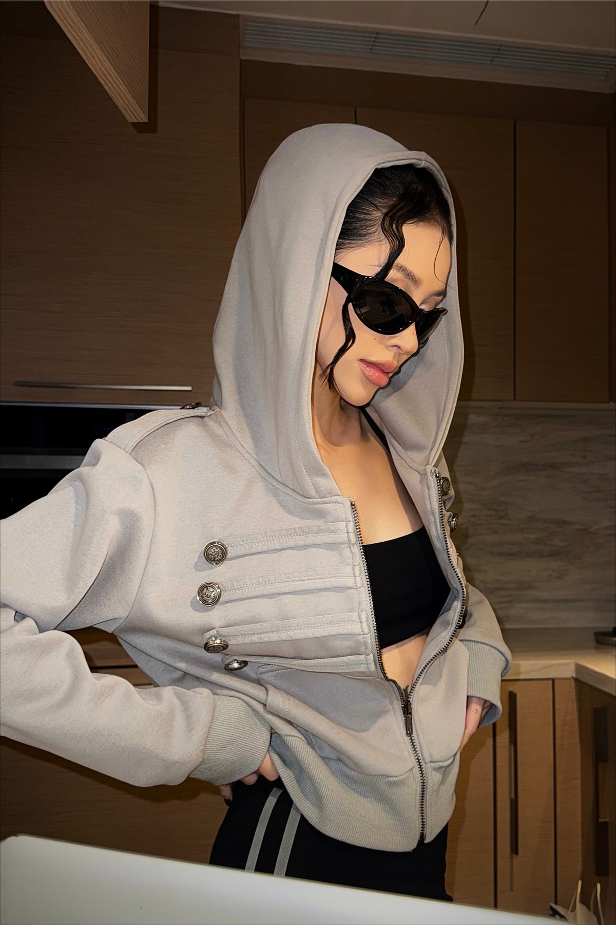 Button Trim Pocket Front Zip Hoodie