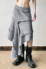Knit Asymmetric Hem High Waist Midi Skirt