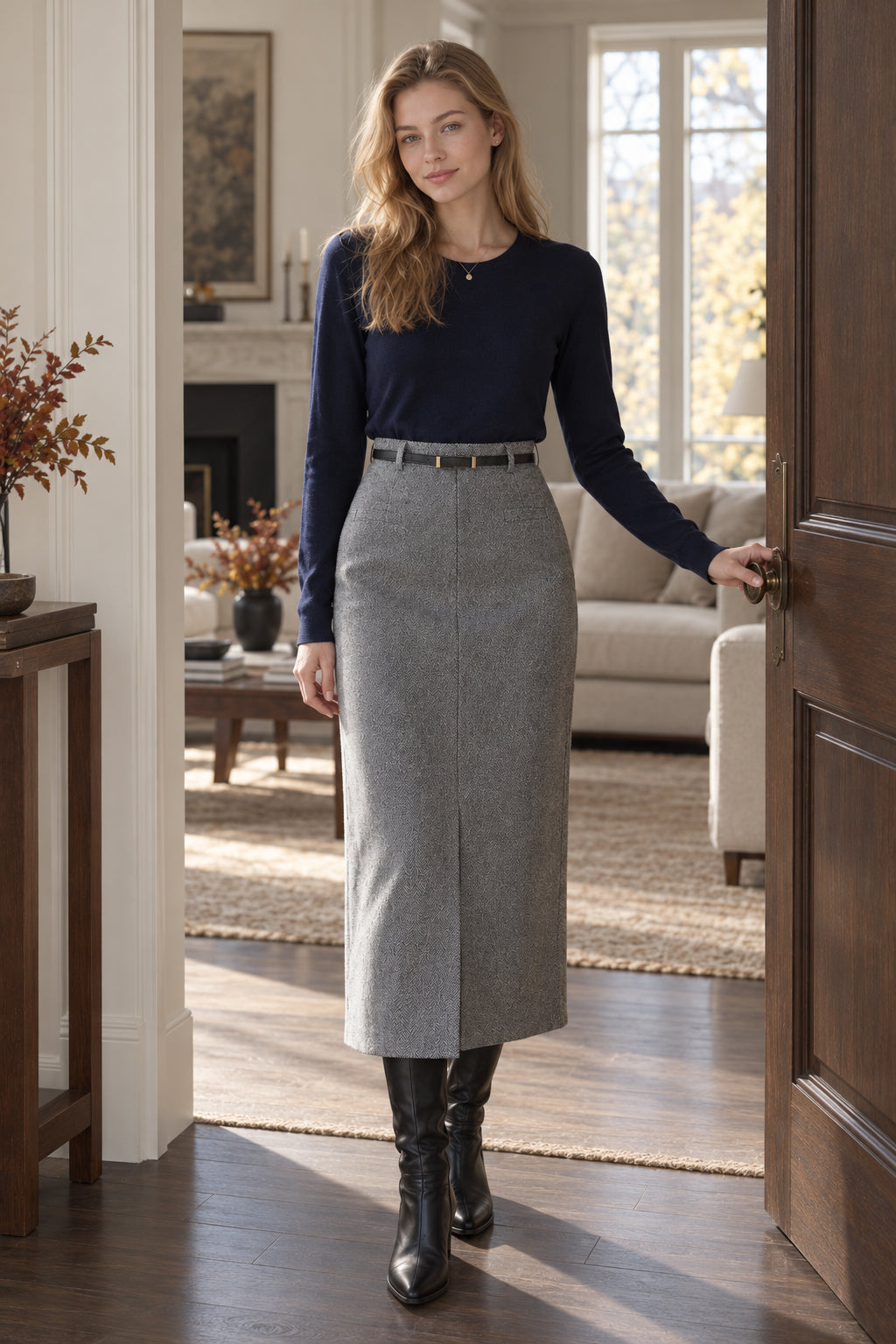 Elegant Striped Faux Wool Belted Casual High Waist A-Line Skirt